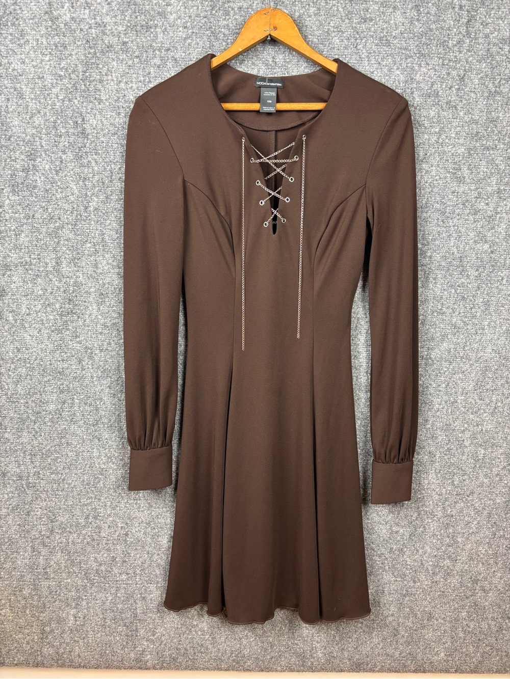 Moda International Brown Long-Sleeve Lace-Up Fit & Flare Dress